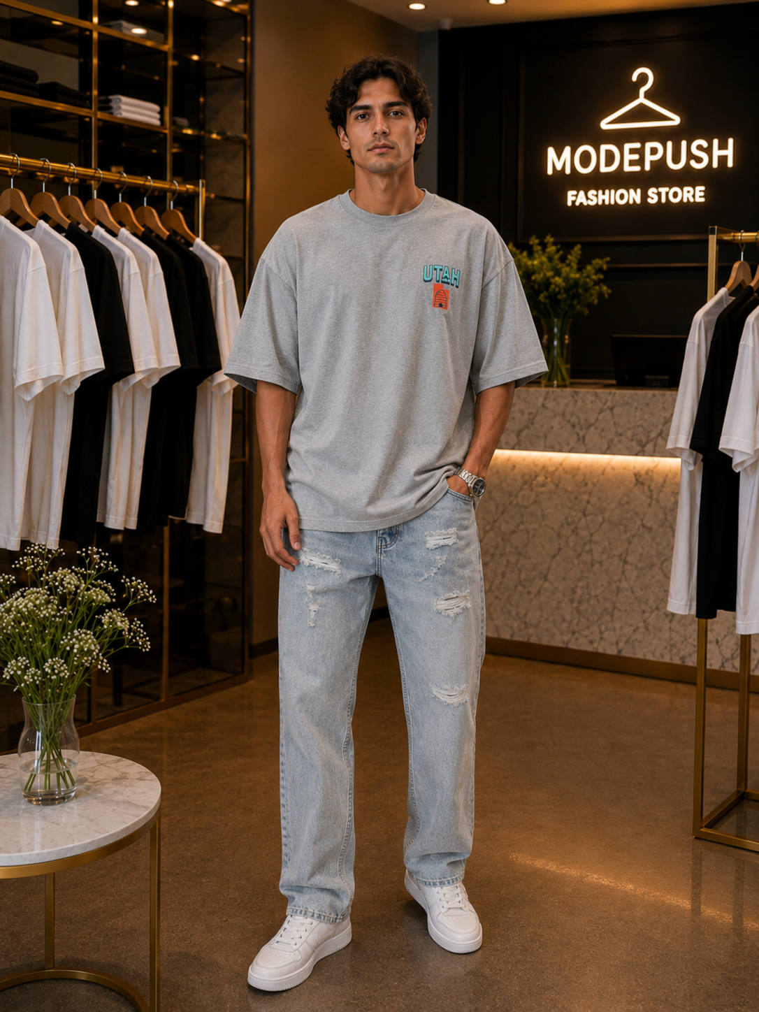 ست مردانه تیشرت اورسایز طوسی و شلوار مام فیت یخی Pull&Bear