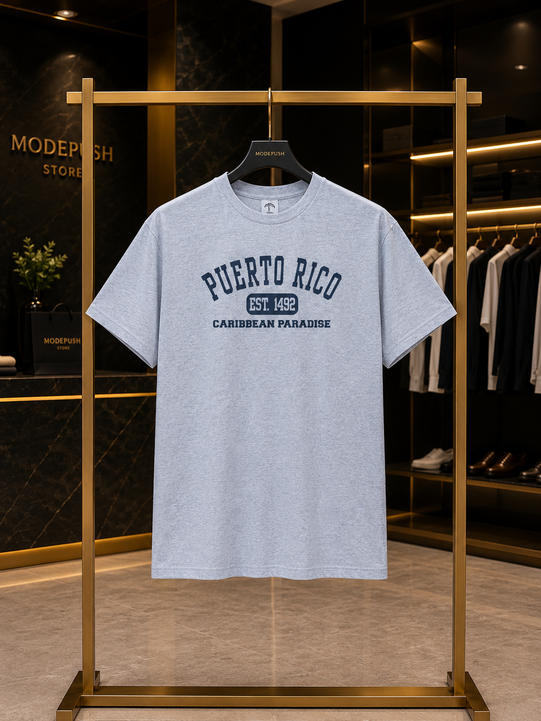 تیشرت مردانه طرح Puerto Rico یقه گرد آستین کوتاه طوسی ملانژ سایز XL