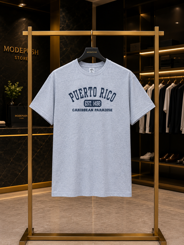 تیشرت مردانه طرح Puerto Rico یقه گرد آستین کوتاه طوسی ملانژ سایز XL